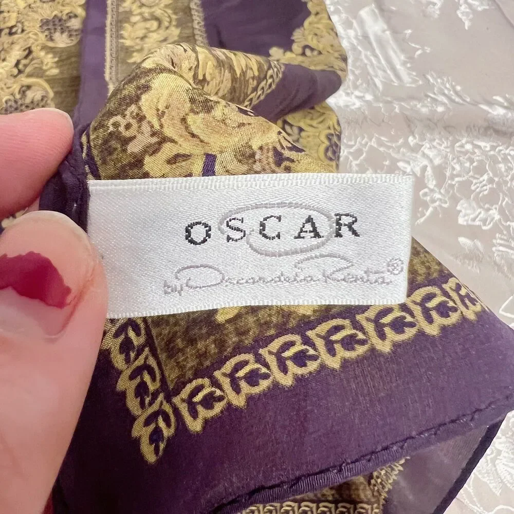Vintage Oscar de la Renta Silk Scarf Plum Gold Detailing 21